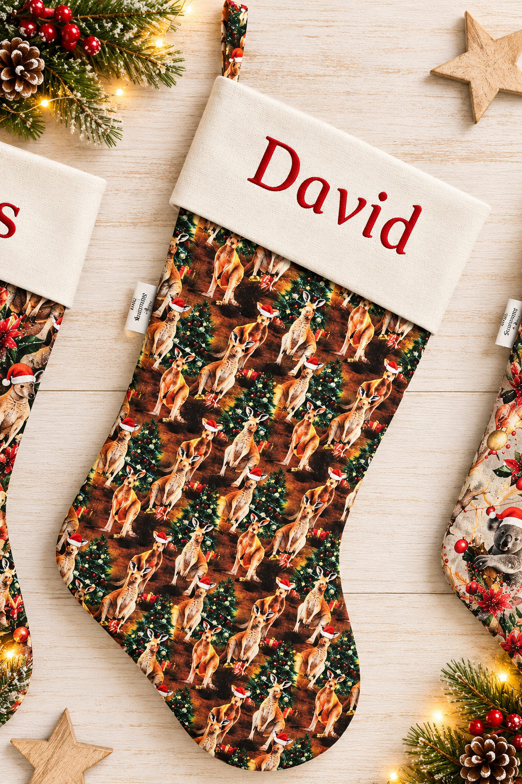 Personalized Quilted Christmas Stocking, 60cm Long, Australian Animals (Koala, Kangaroo, Magpie)