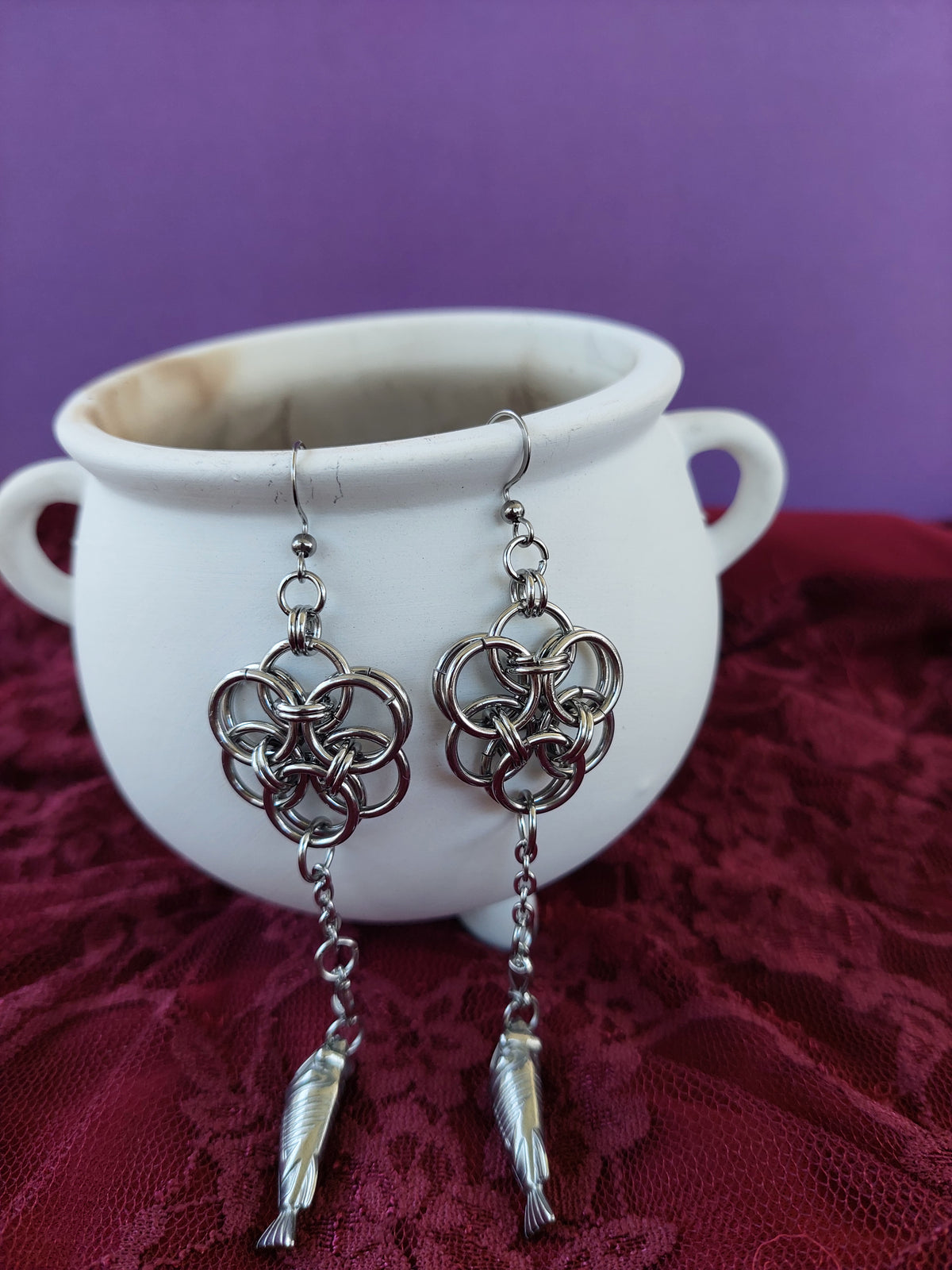 Predator and prey fish chainmaille earrings