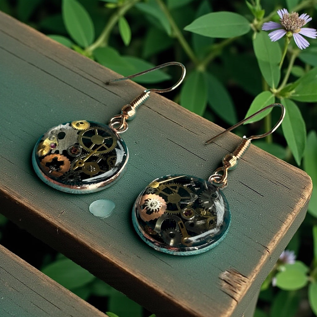 Steampunk watch parts rose gold earrings