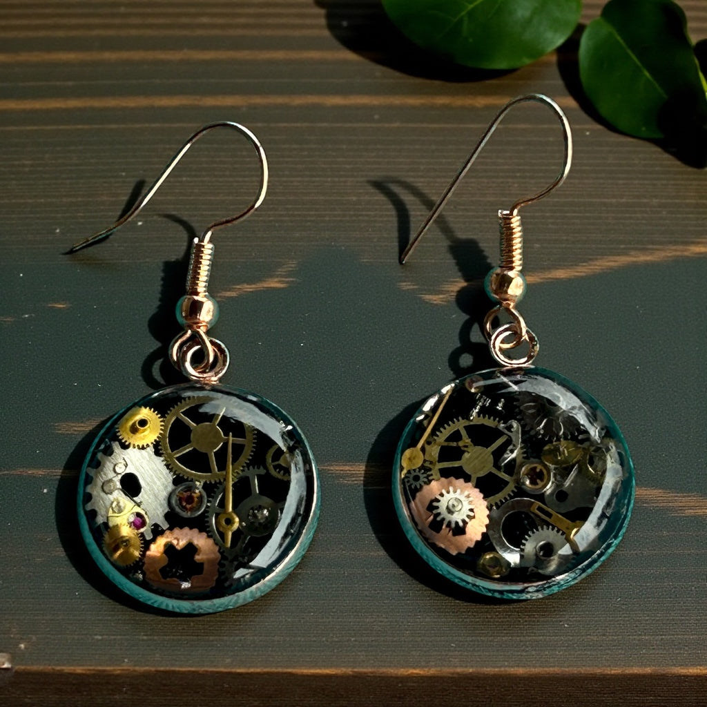 Steampunk watch parts rose gold earrings