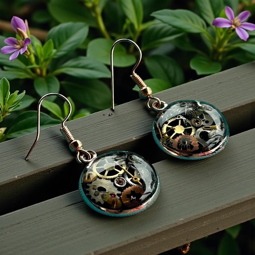 Steampunk watch parts rose gold earrings