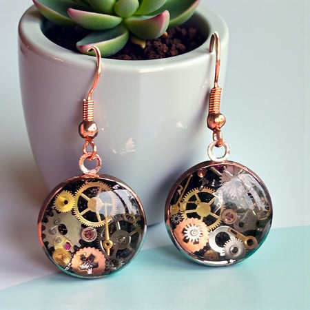 Steampunk watch parts rose gold earrings