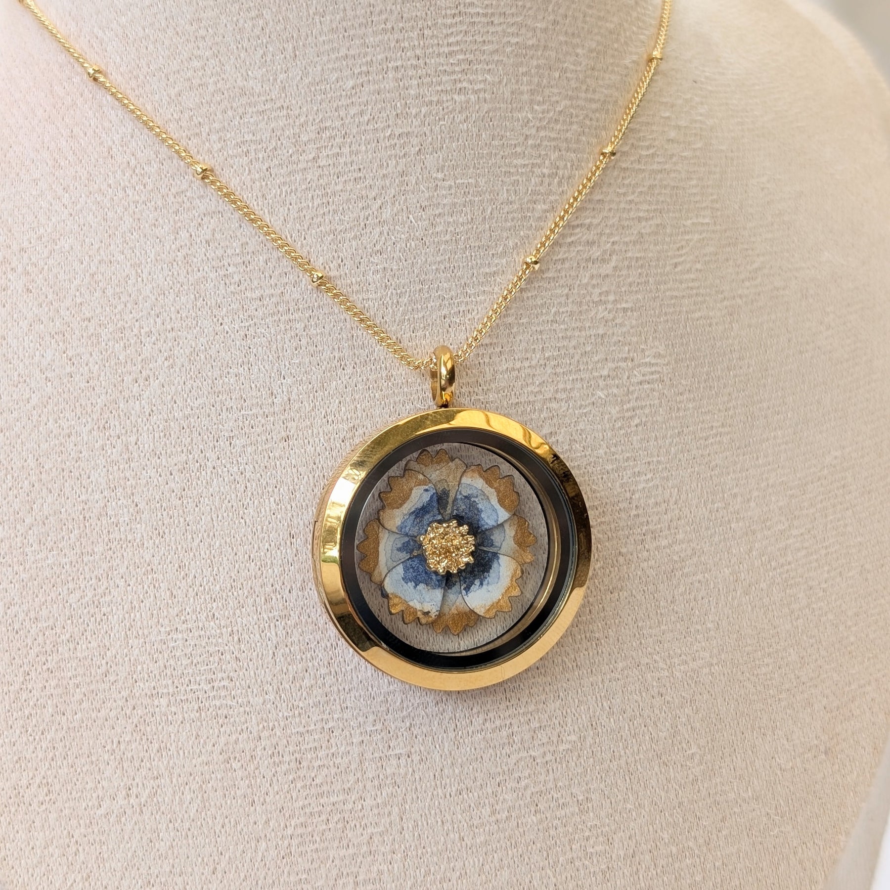 Handmade Watercolour Cosmos Flower Floating Locket Necklace | Gold Botanical Pendant