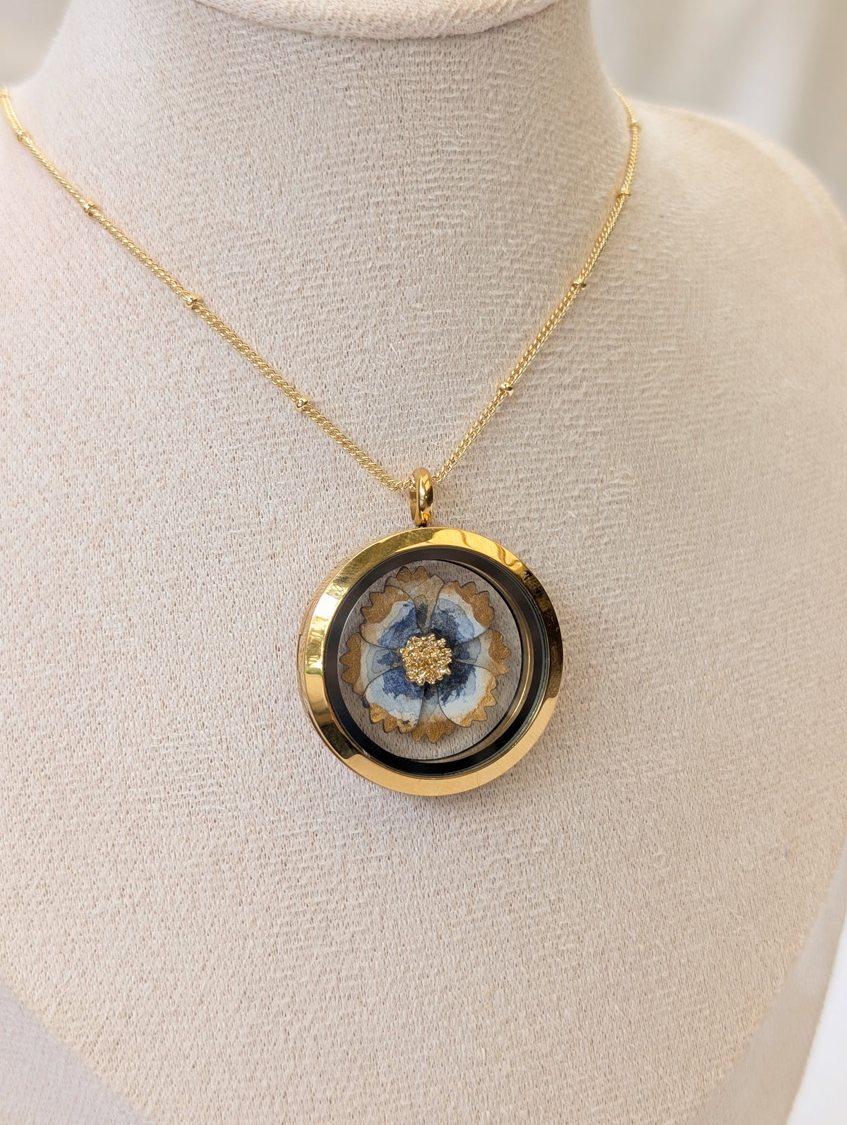 Handmade Watercolour Cosmos Flower Floating Locket Necklace | Gold Botanical Pendant