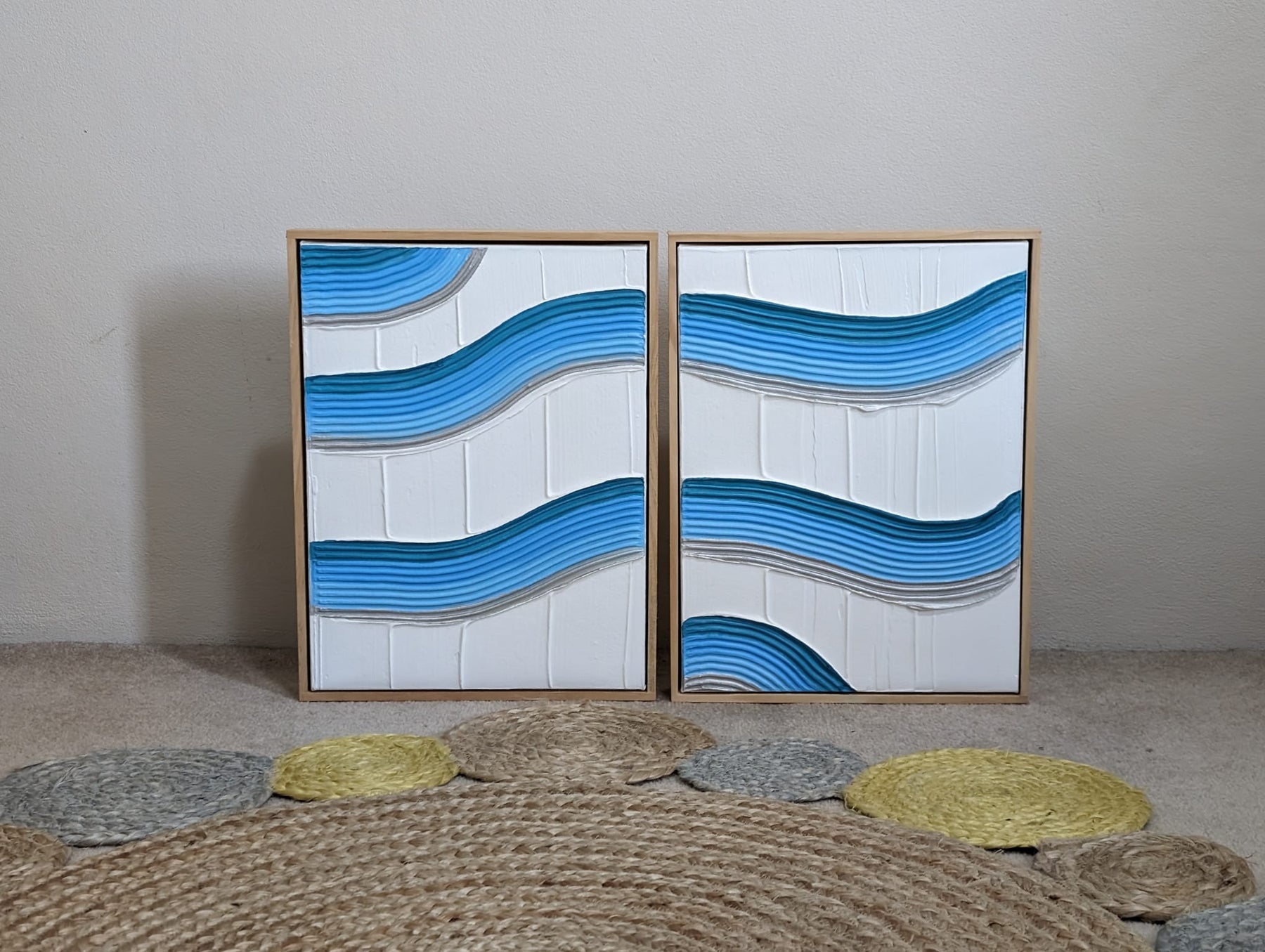Unified Flow: Handmade Textured Blue Wave Wall Art Set of 2 Original Canvas 30cm x 40cm