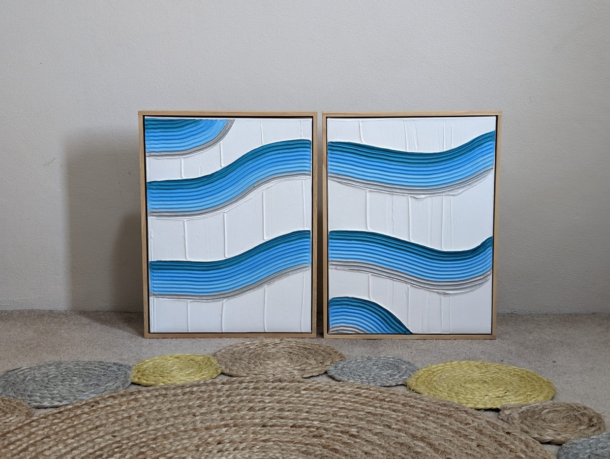 Unified Flow: Handmade Textured Blue Wave Wall Art Set of 2 Original Canvas 30cm x 40cm
