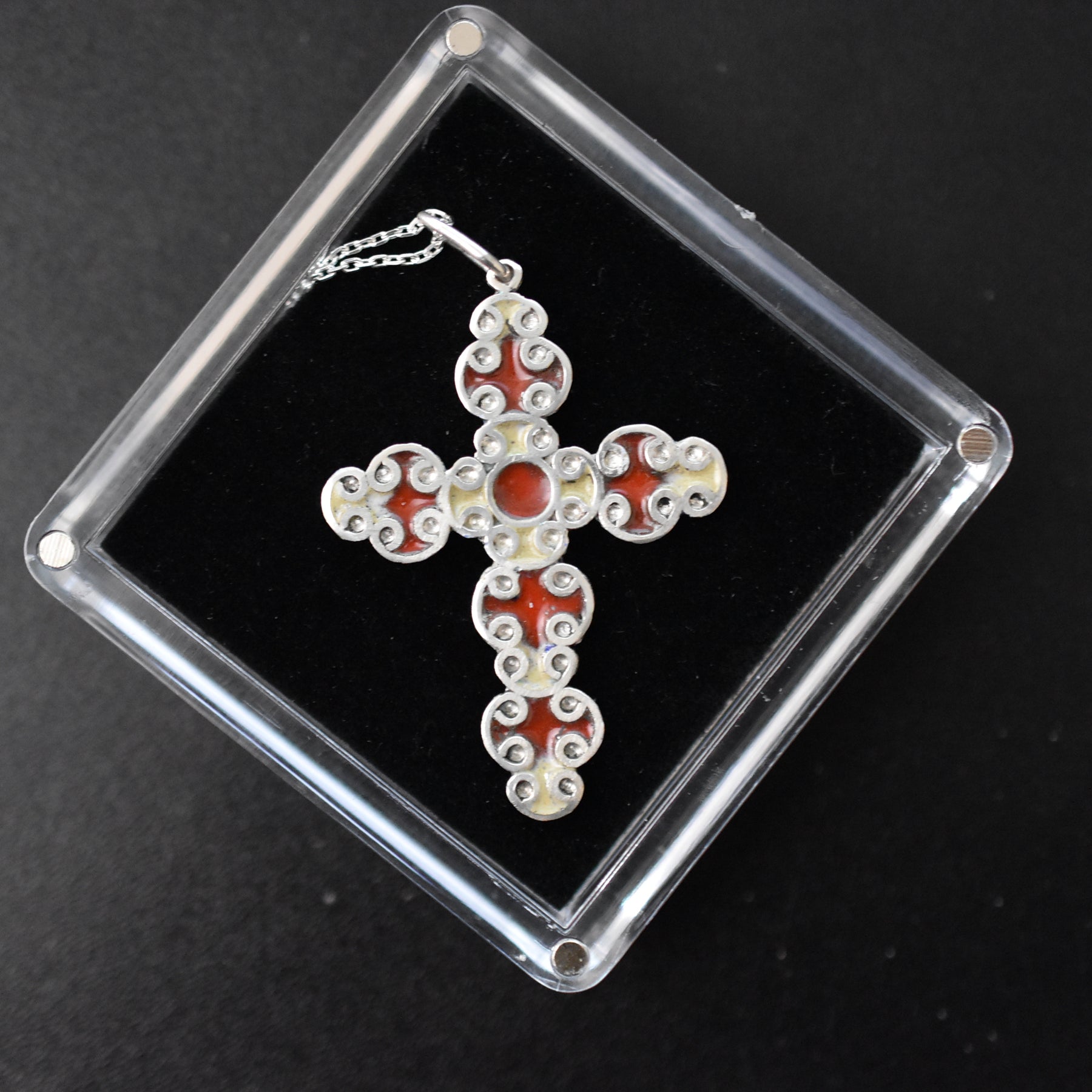 Enameled Cross in red & white enamel