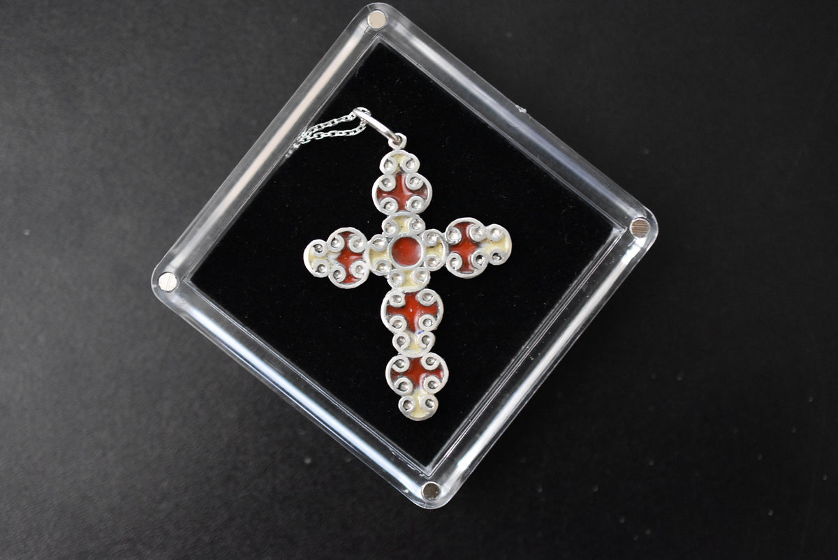 Enameled Cross in red & white enamel