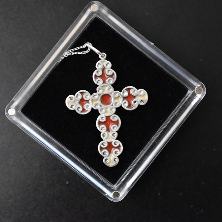 Enameled Cross in red & white enamel