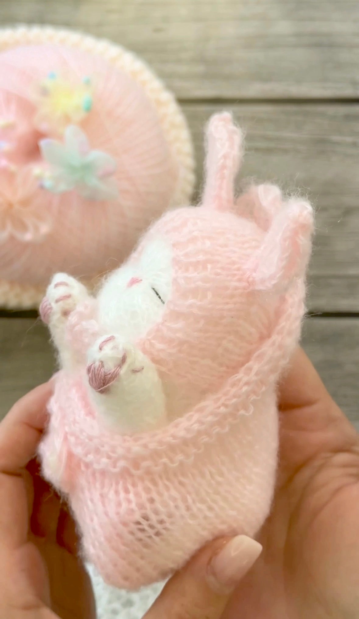 Handmade White Knitted Sleeping Kitten in Pink Bunny Bonet and Blanket with Butterfly Toy