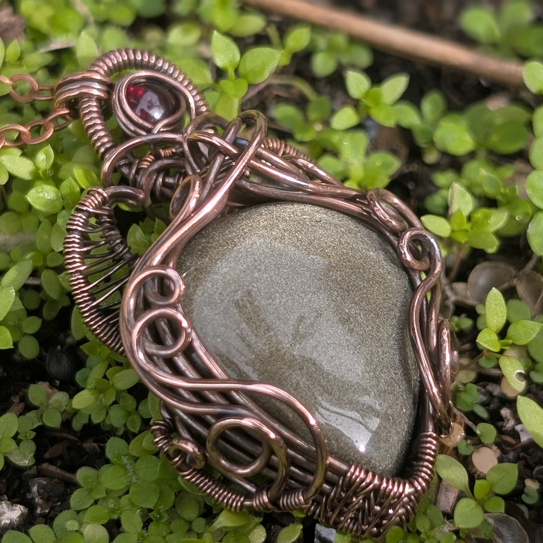 Winifred - Gold Sheen Obsidian & Garnet in Oxidised Copper