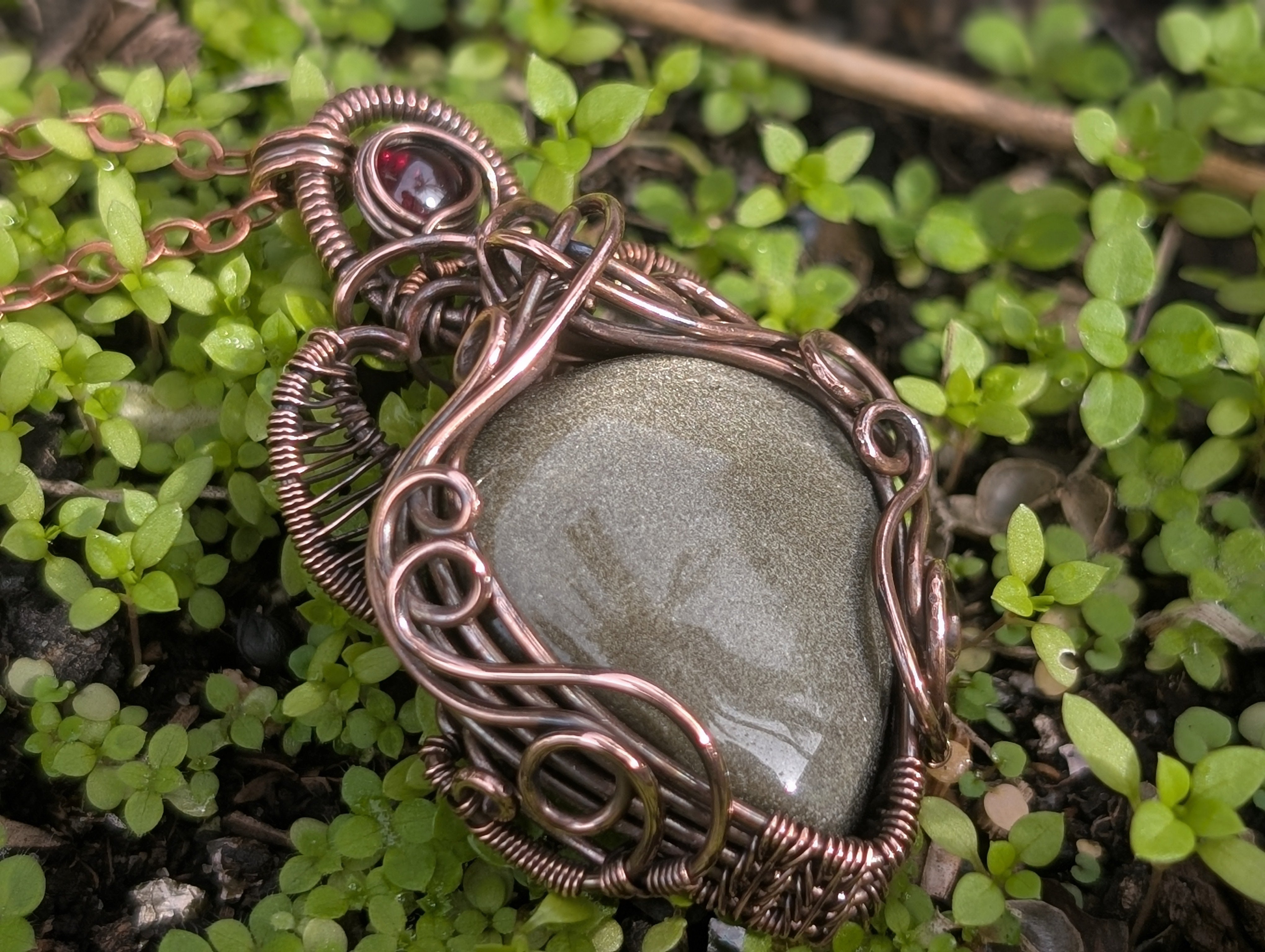 Winifred - Gold Sheen Obsidian & Garnet in Oxidised Copper