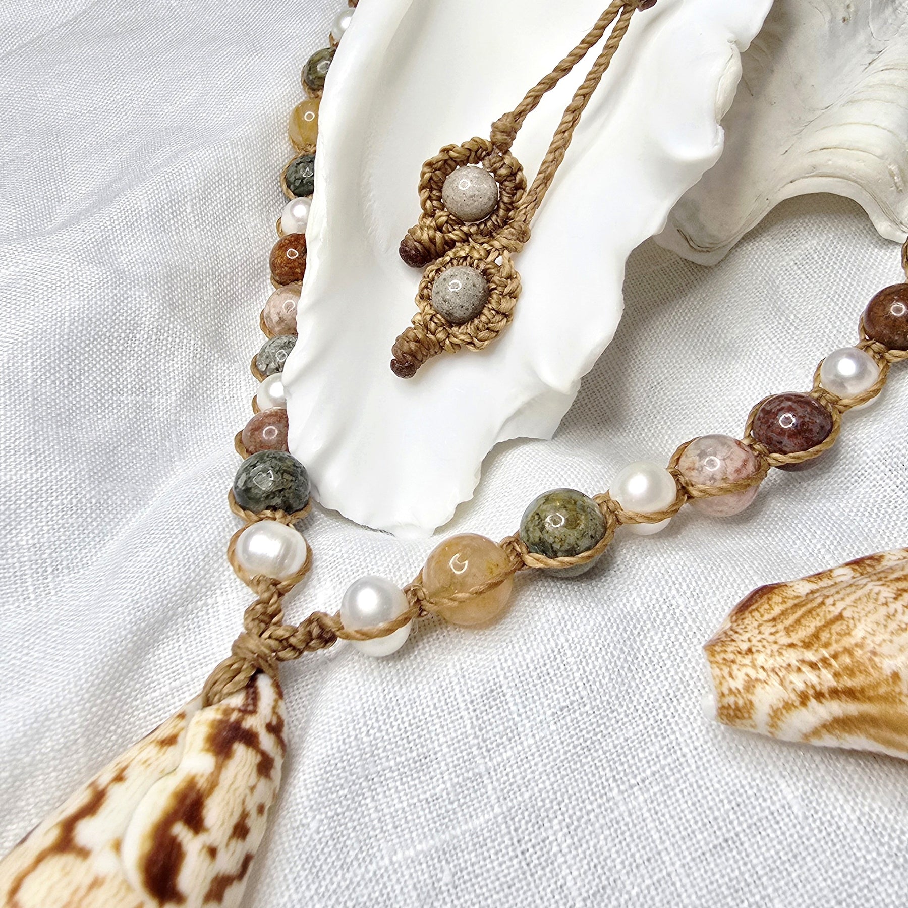 Cone Shell with Rare Ocean Agate & Pearl Necklace