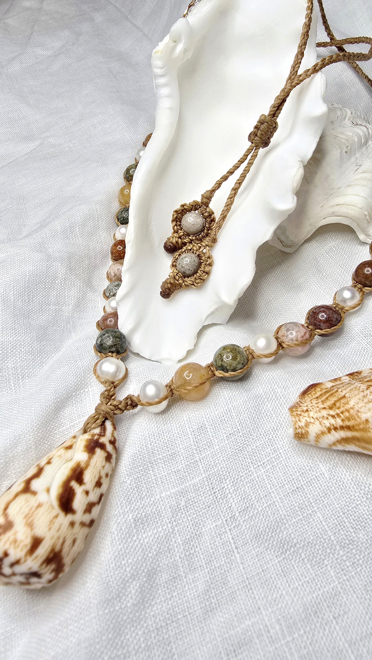 Cone Shell with Rare Ocean Agate & Pearl Necklace