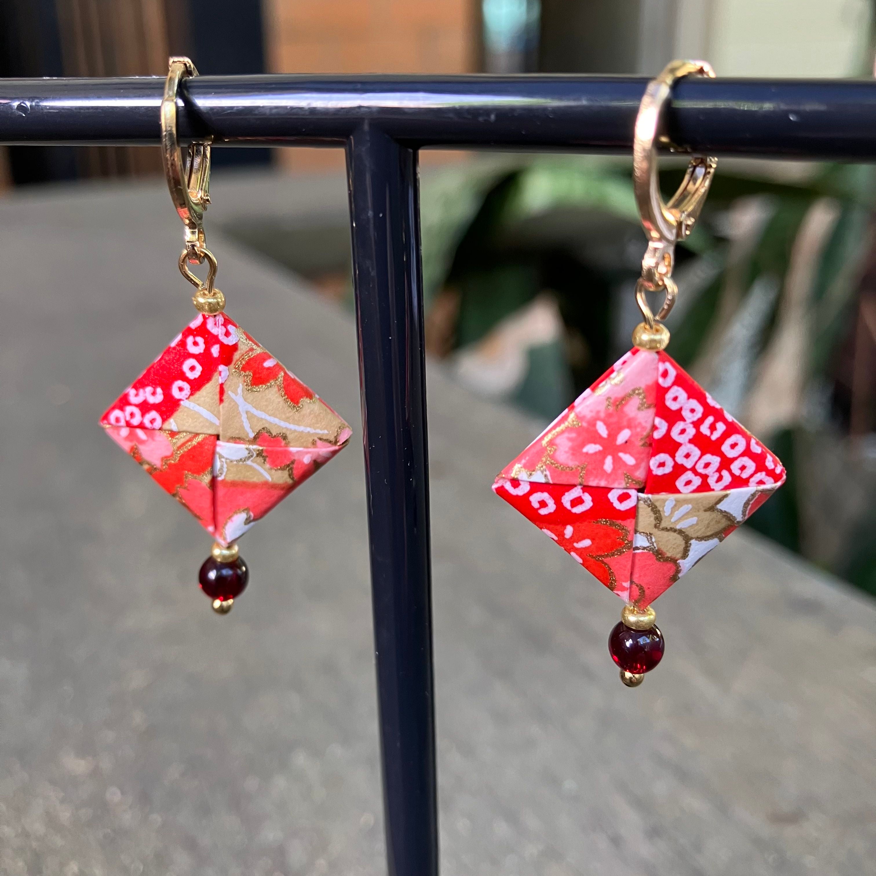 Origami Earrings – red and gold botanicals.  Japanese Yuzen Washi