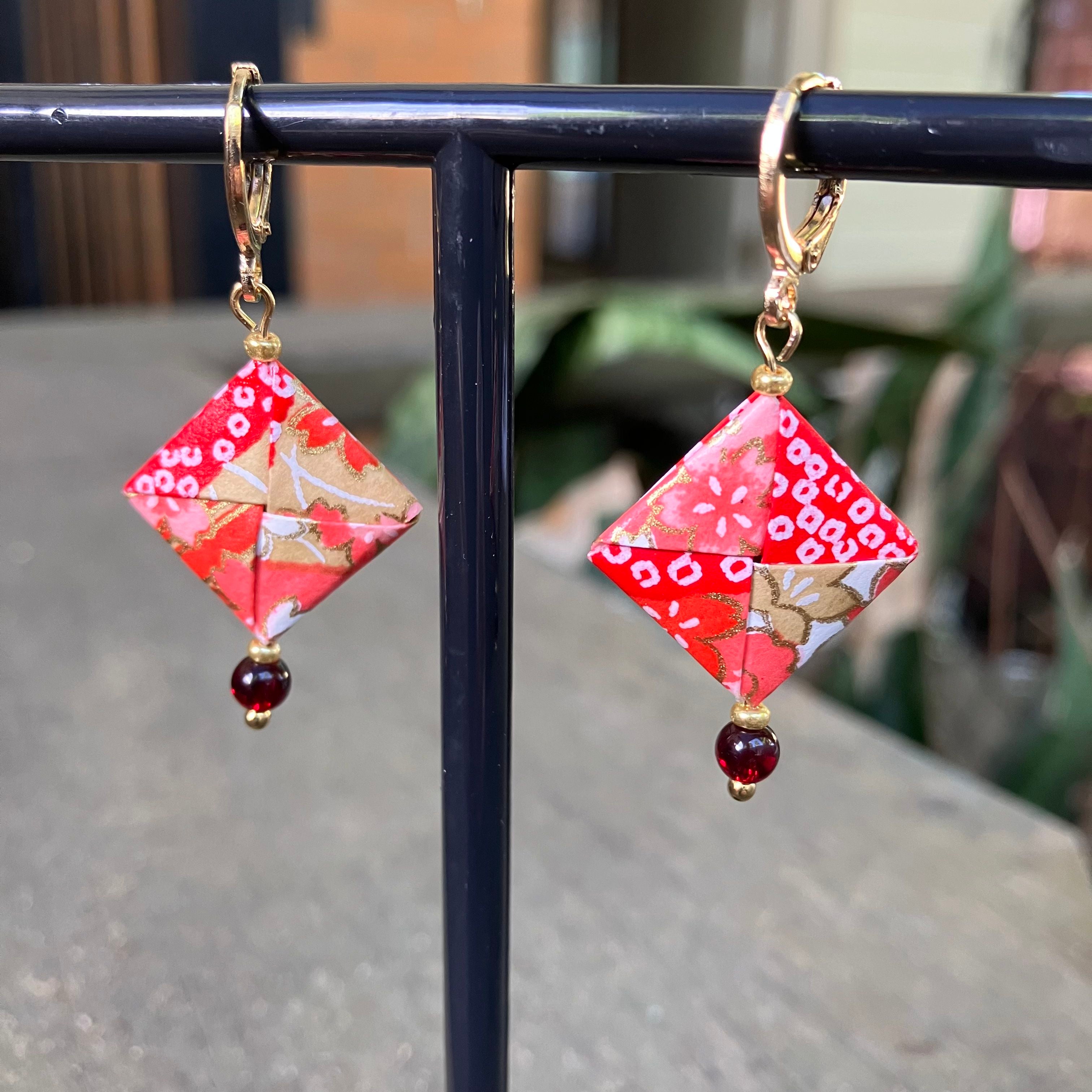 Origami Earrings – red and gold botanicals.  Japanese Yuzen Washi
