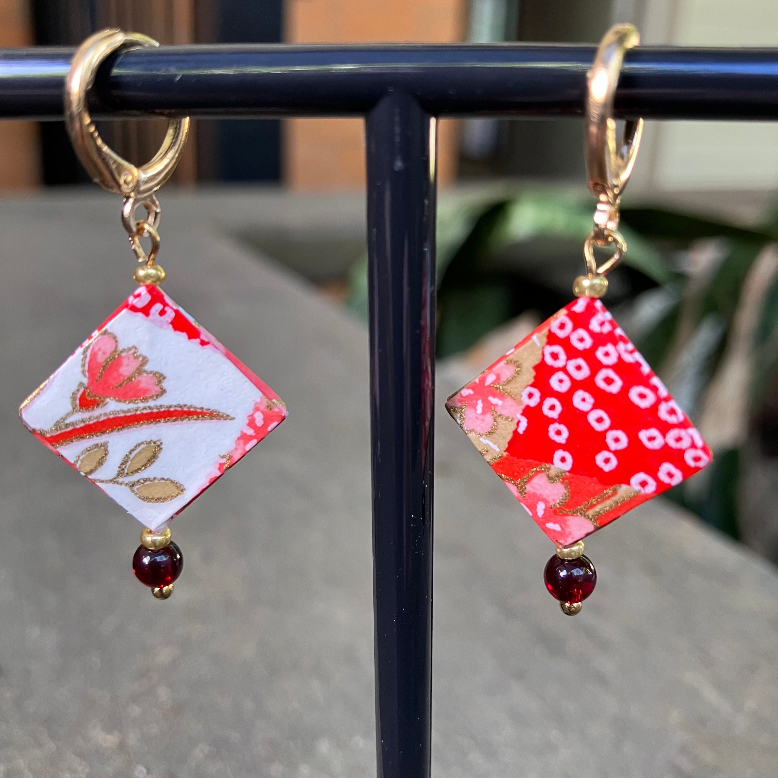 Origami Earrings – red and gold botanicals.  Japanese Yuzen Washi