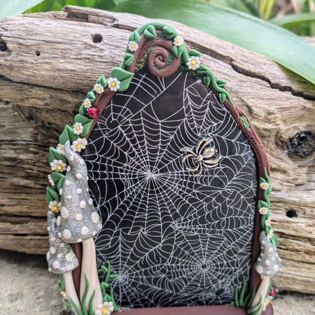 Spiderweb Forest Fairy door with glow in the dark mushrooms