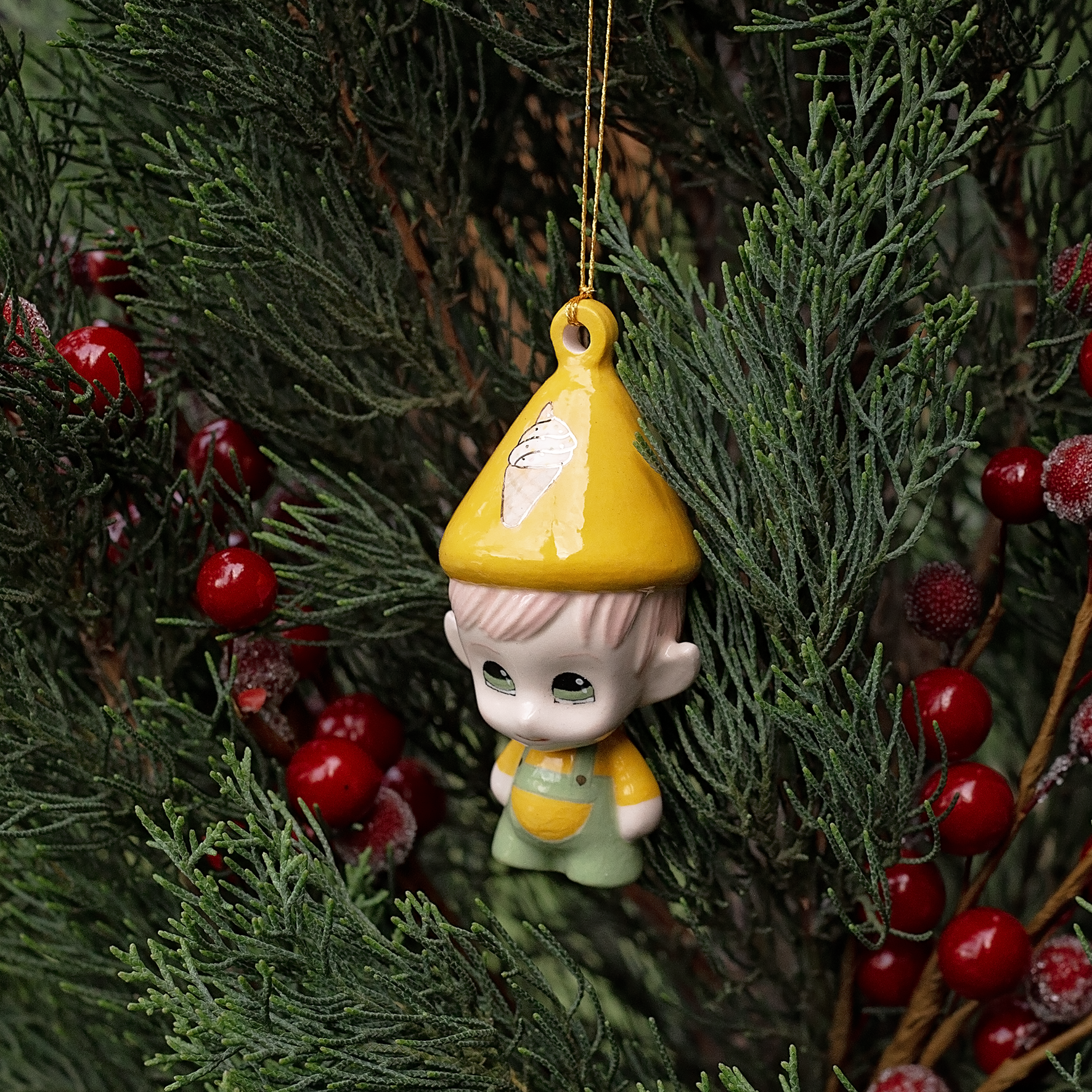 Handmade Porcelain Christmas ornament. One-of-a-kind. Candy from Dairy Delights.