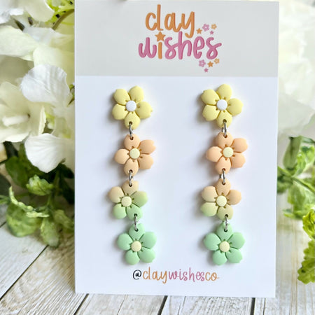 Flower Ombre Dangles - Yellow, Orange and Green, Lightweight Polymer Clay Earrings