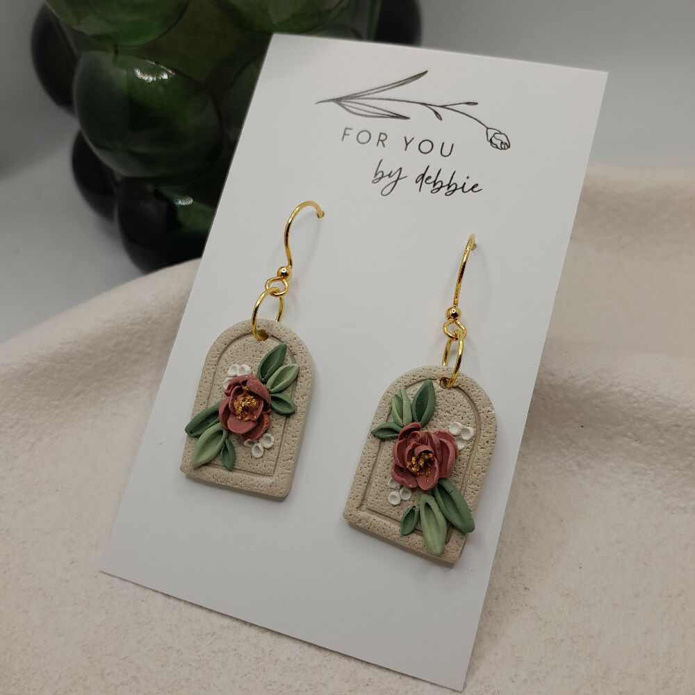 Vintage rose bouquet polymer clay earrings with gold - hypoallergenic hooks