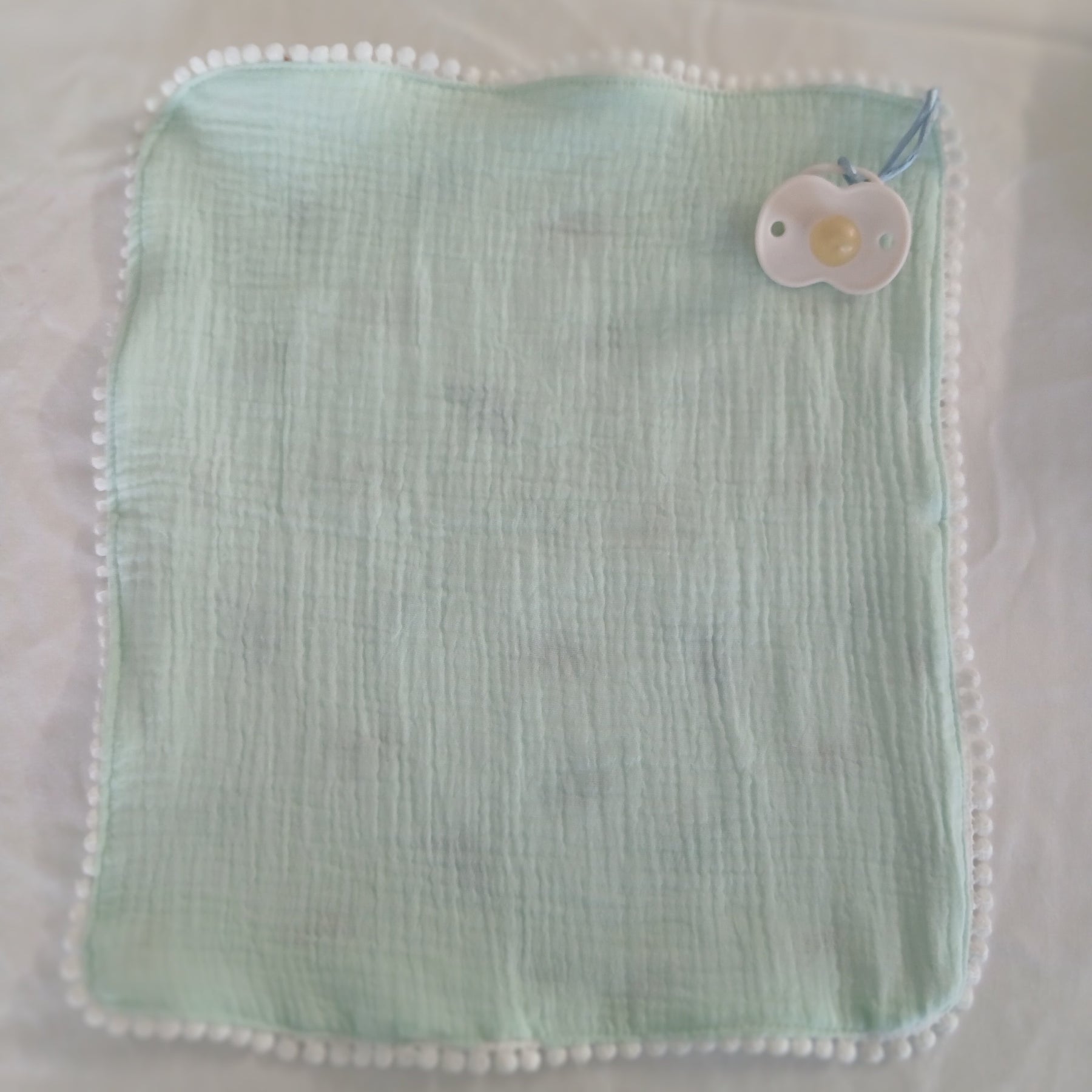 Handmade Double Gauze Dummy Comforter  - 35x31cm with Beechwood Teething Ring -Dinosaurs , Light Mint