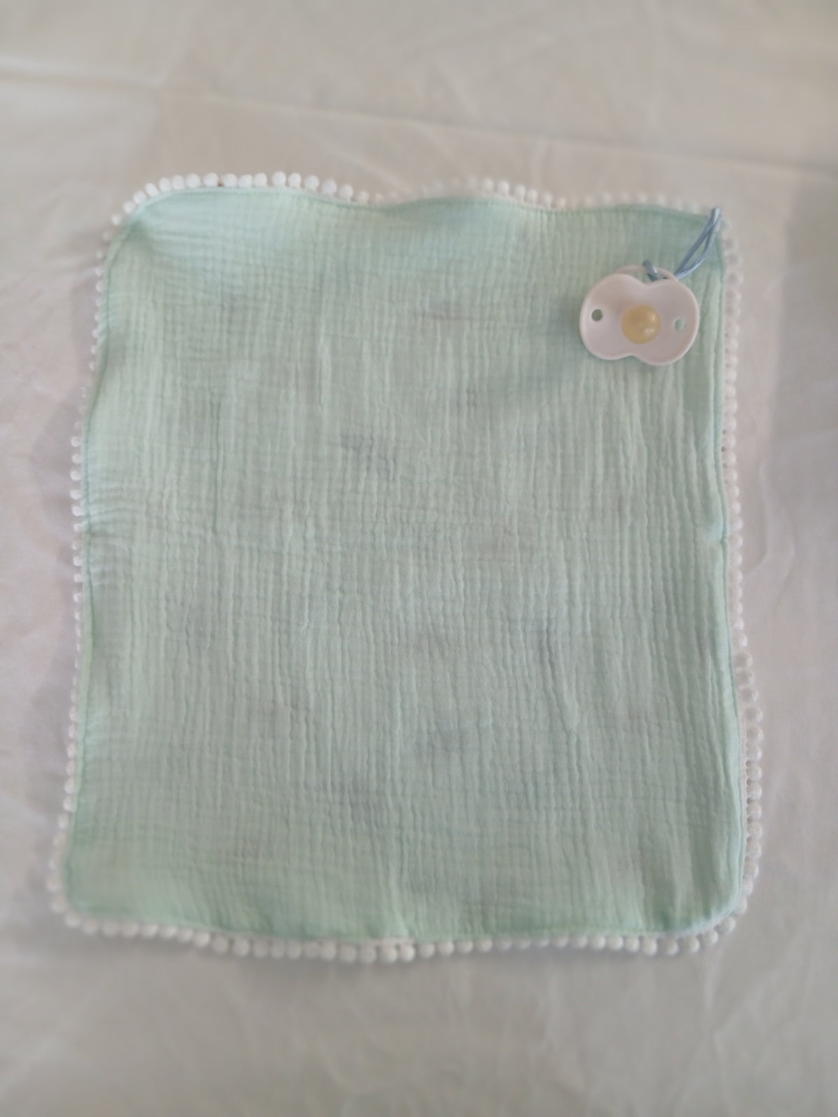 Handmade Double Gauze Dummy Comforter  - 35x31cm with Beechwood Teething Ring -Dinosaurs , Light Mint