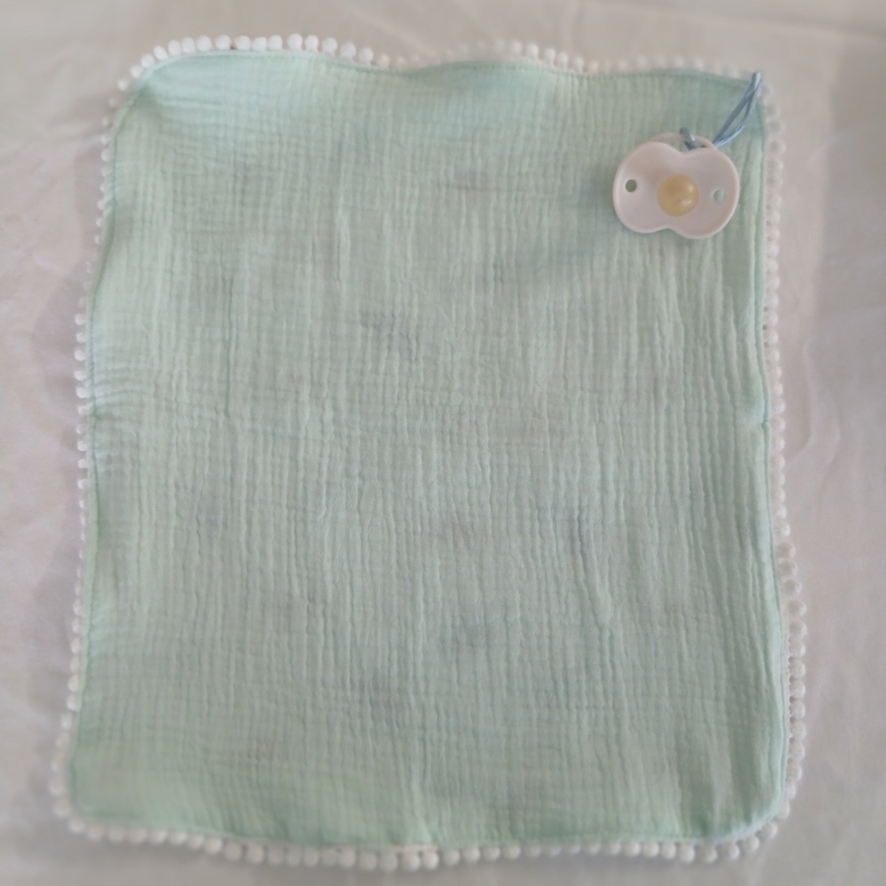 Handmade Double Gauze Dummy Comforter Set of 2 - 35x31cm with Beechwood Teething Ring -Dinosaurs , Light Mint