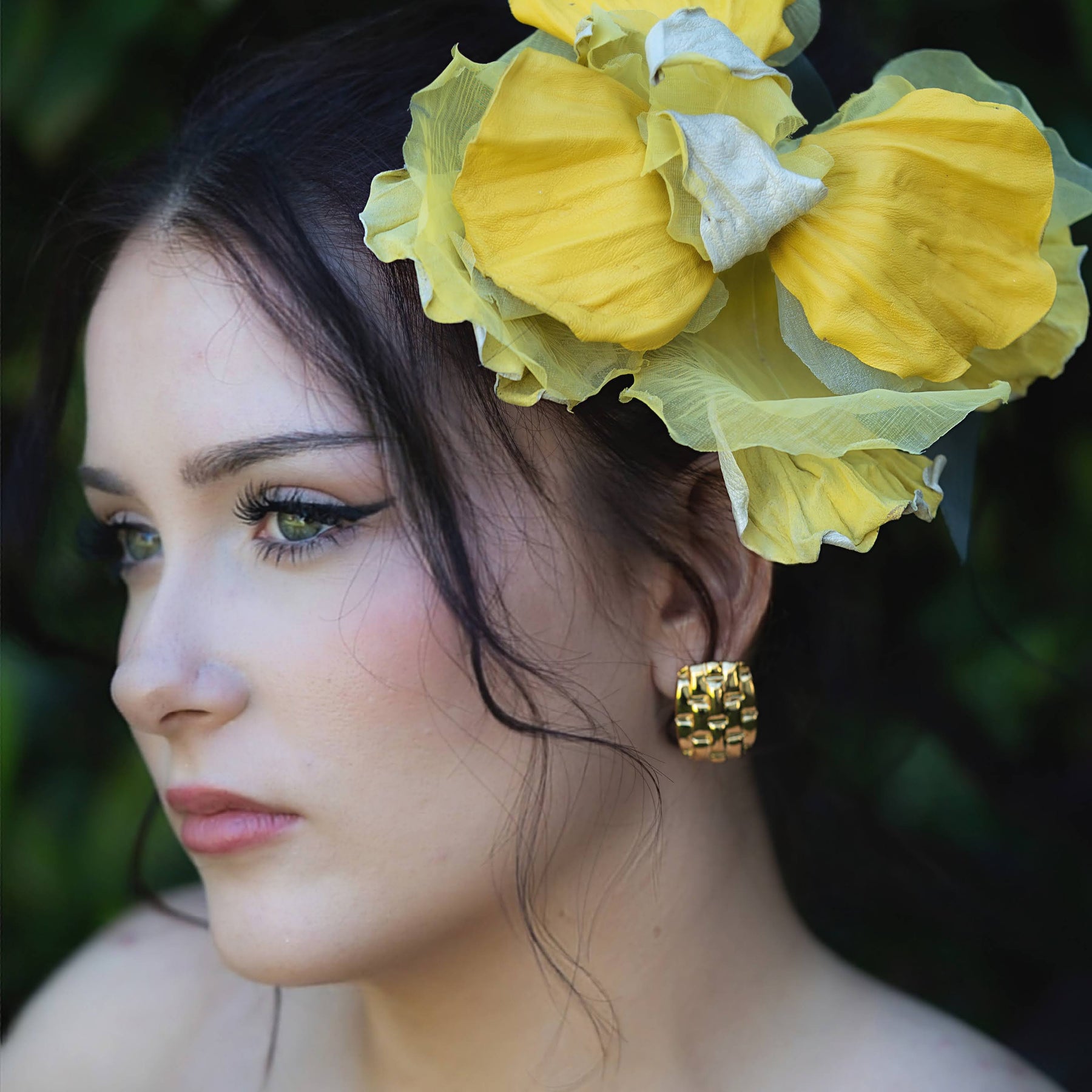 Silk & Leather Iris “Golden Light”, Flower Brooch, Hair hat Clip, Corsage Flower