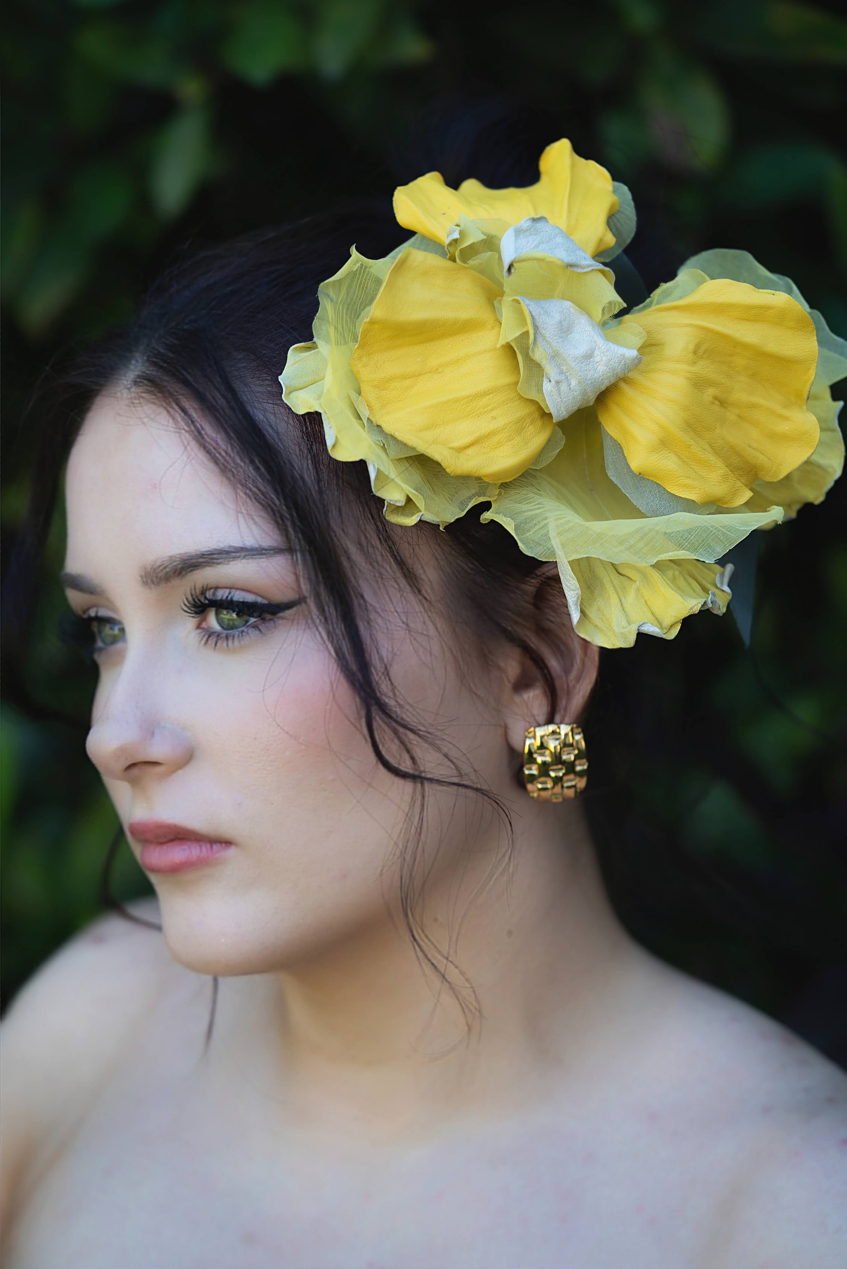 Silk & Leather Iris “Golden Light”, Flower Brooch, Hair hat Clip, Corsage Flower