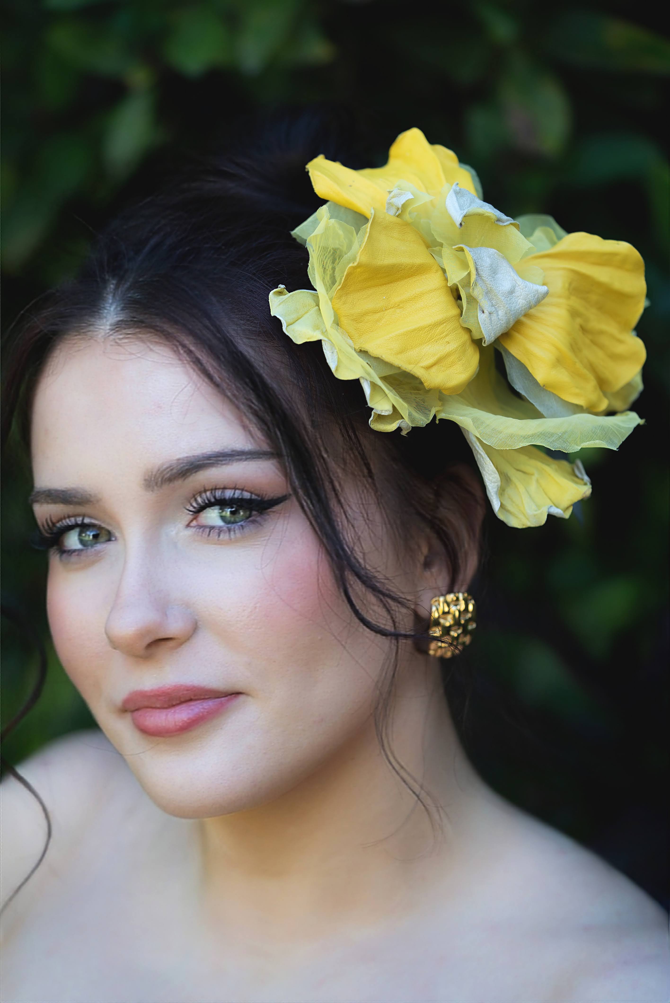 Silk & Leather Iris “Golden Light”, Flower Brooch, Hair hat Clip, Corsage Flower