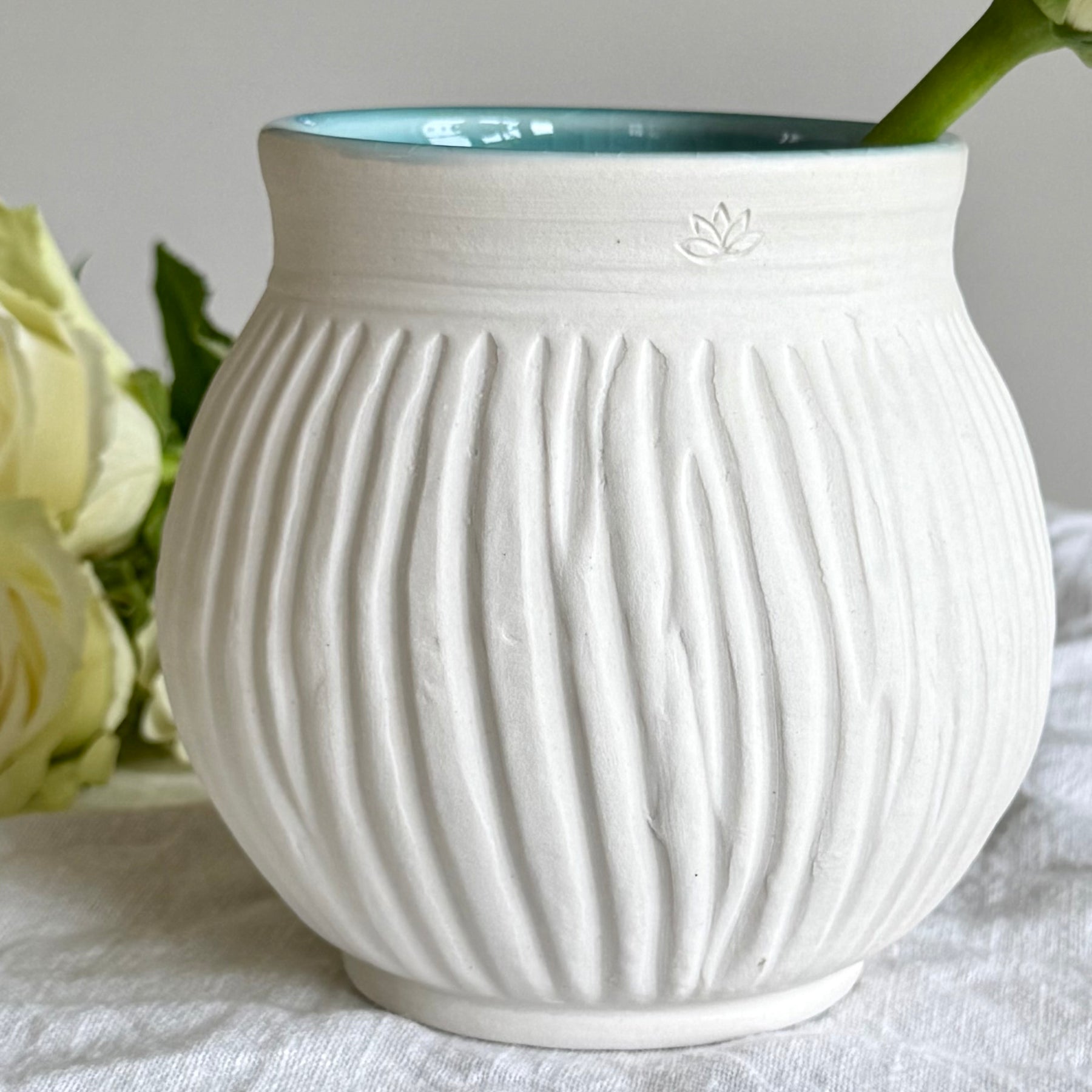 Aegean - Handcarved Raw Porcelain Vessel - White Blue Vase