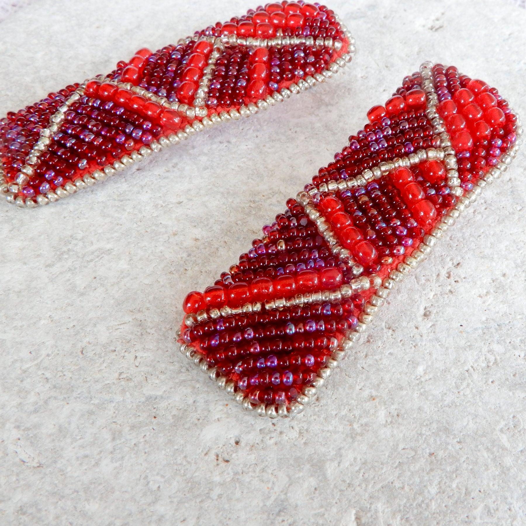 Bead Embroidered Red & Silver Earrings