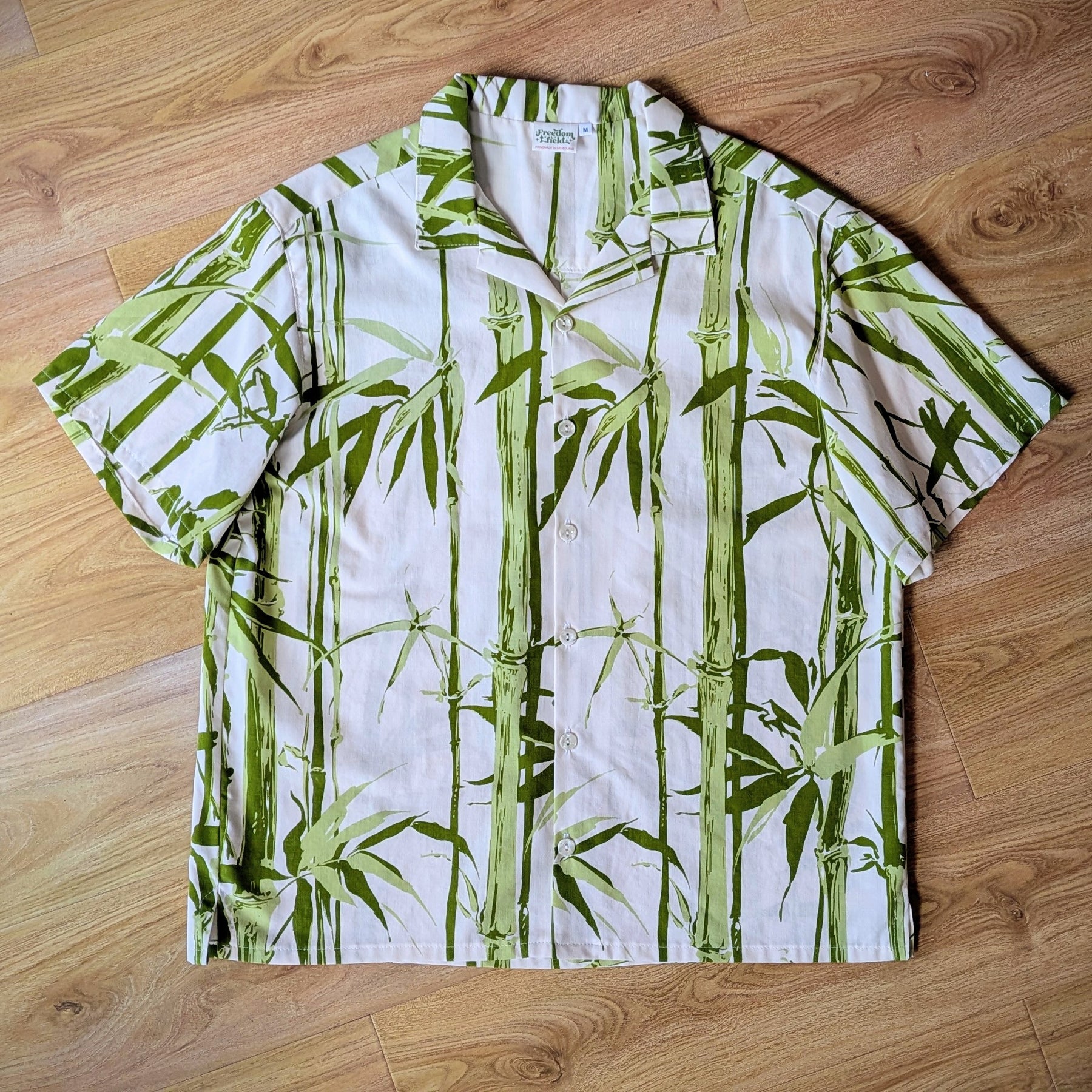Upcycled Vintage 1970s Cotton Unisex Button-up Shirt (Green Bamboo & White / Size M)