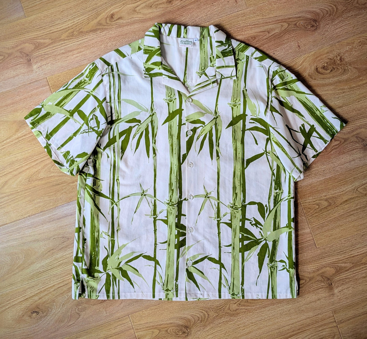 Upcycled Vintage 1970s Cotton Unisex Button-up Shirt (Green Bamboo & White / Size M)