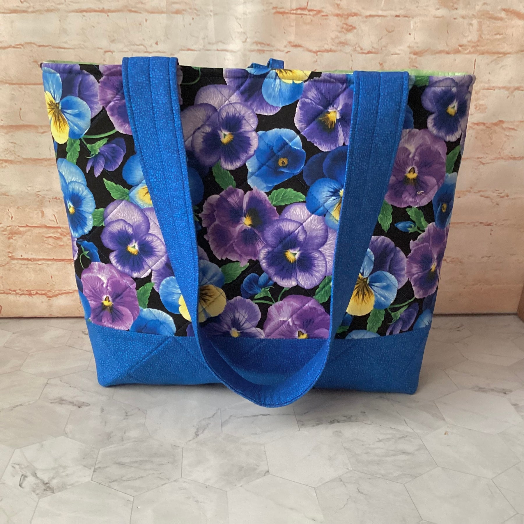 Blue Purple Pansies Floral Tote Bag: Handmade, quilted cotton shoulder bag with pockets