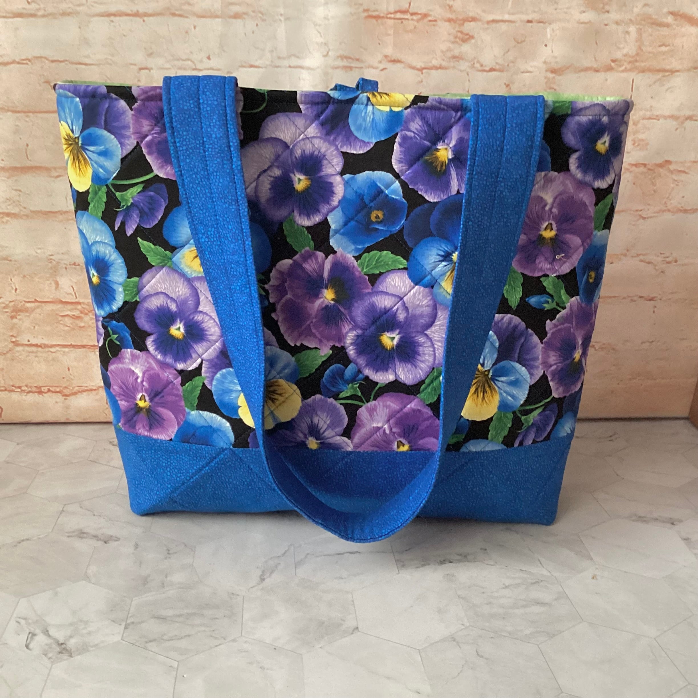 Blue Purple Pansies Floral Tote Bag: Handmade, quilted cotton shoulder bag with pockets