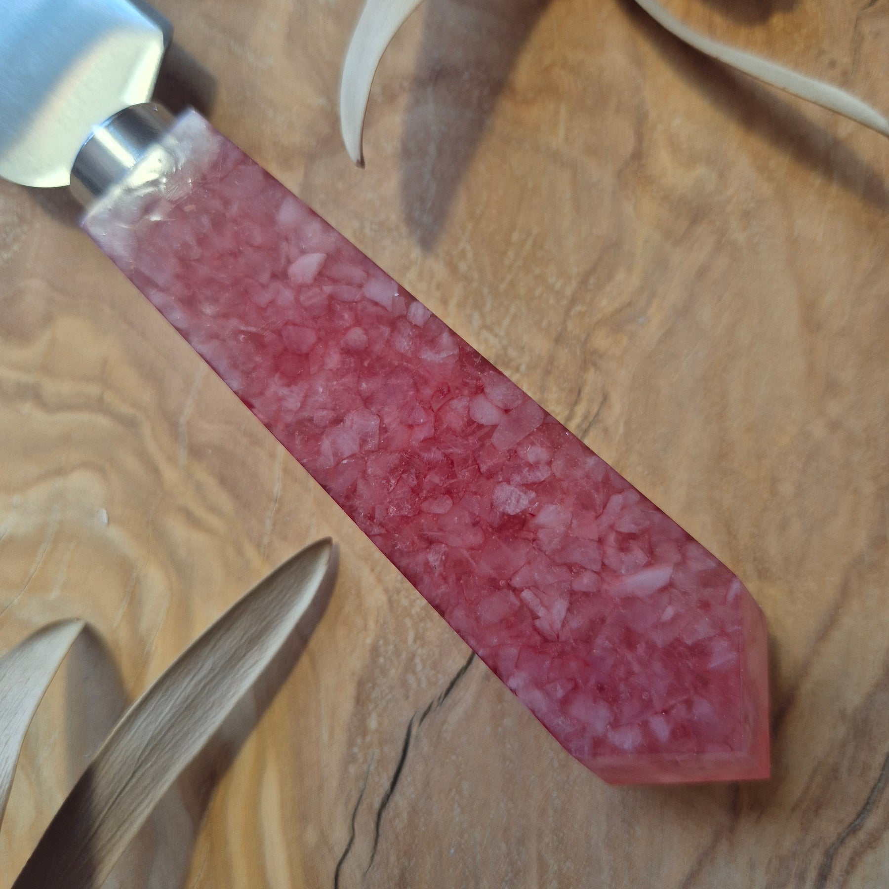 Resin bottle opener and cheese knife set with rose quartz