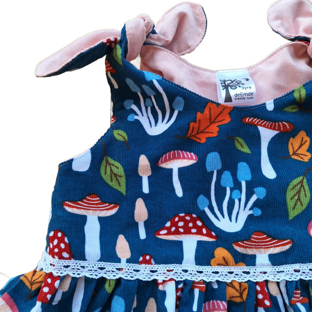Girls Tie Shoulder, Corduroy Pinafore Dress | Toadstools | Size 3