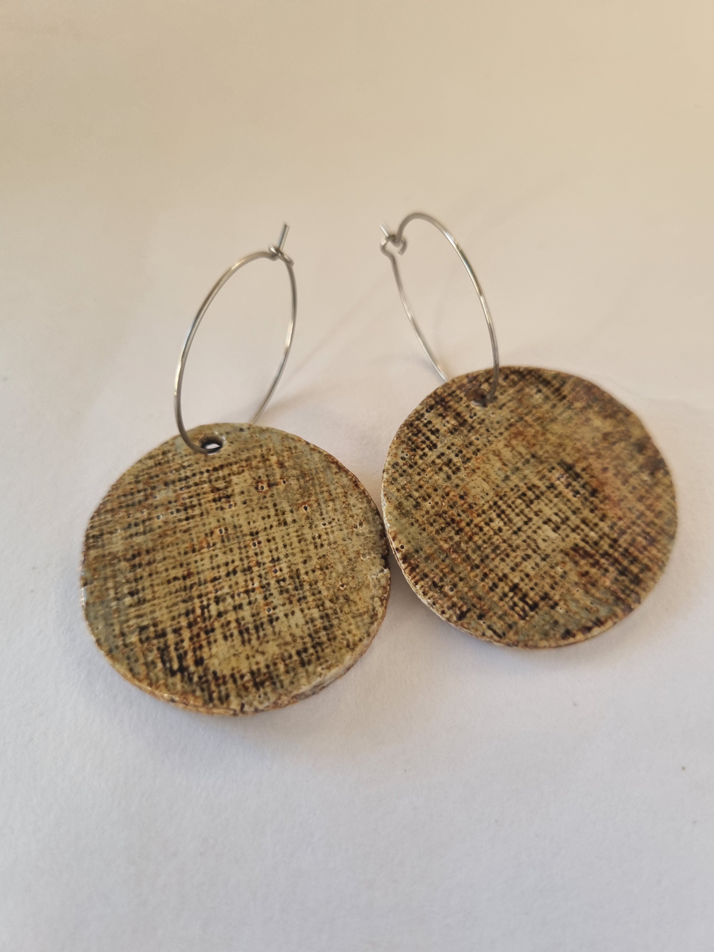 Handmade Stoneware Ceramic Earrings, earthy tones multi-coloured, 35mm diameter, pierced ears