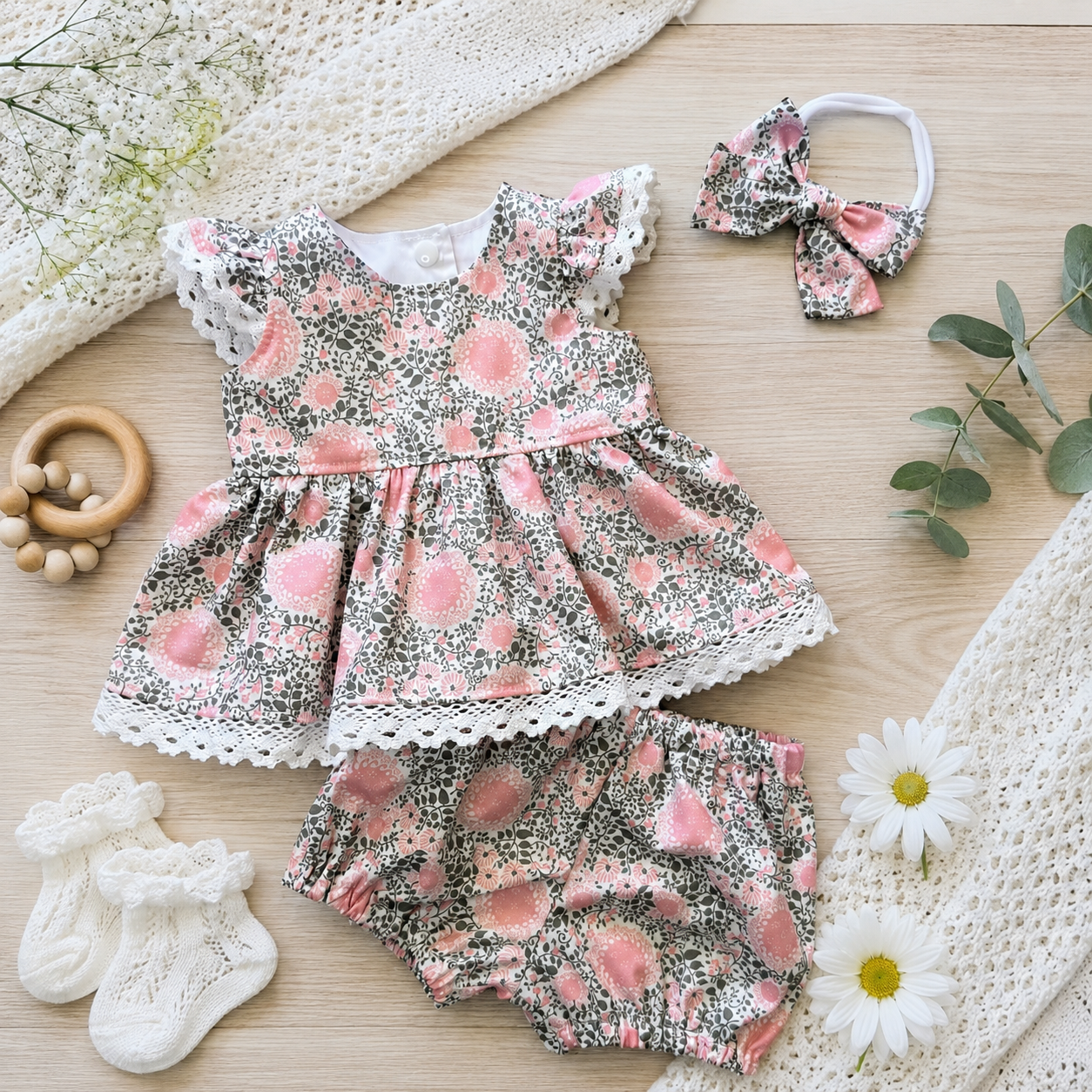 SIZE 000 Baby Dress and Bloomers Set | Pink swirl Flower with cotton Lace