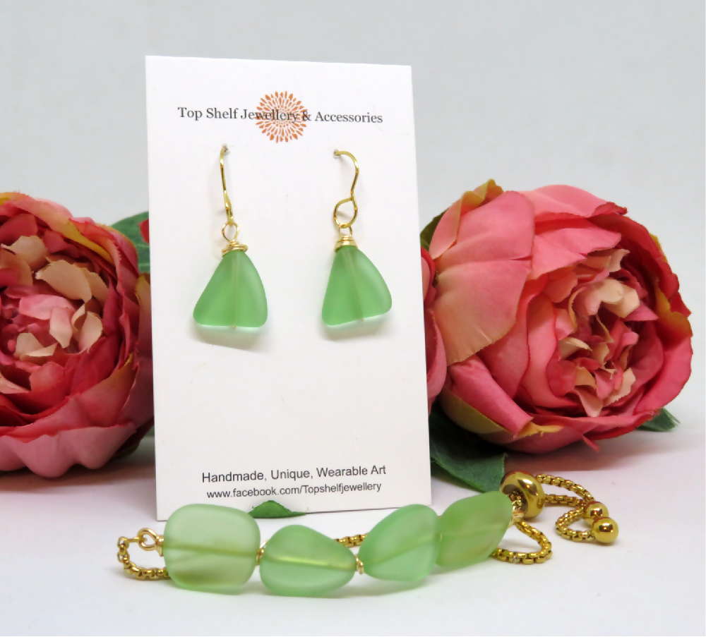Green Cultured Sea Glass Wire Wrapped Slider Bracelet and Earring Set