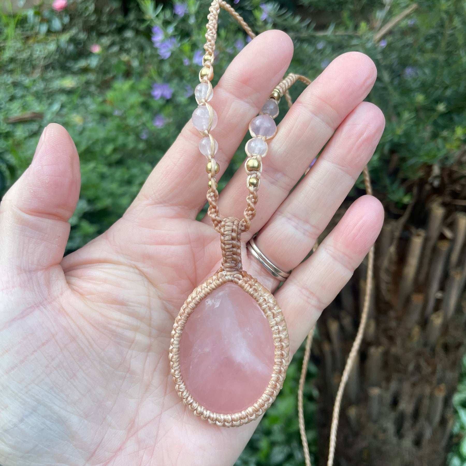 Rose Quartz Macrame Pendant Necklace