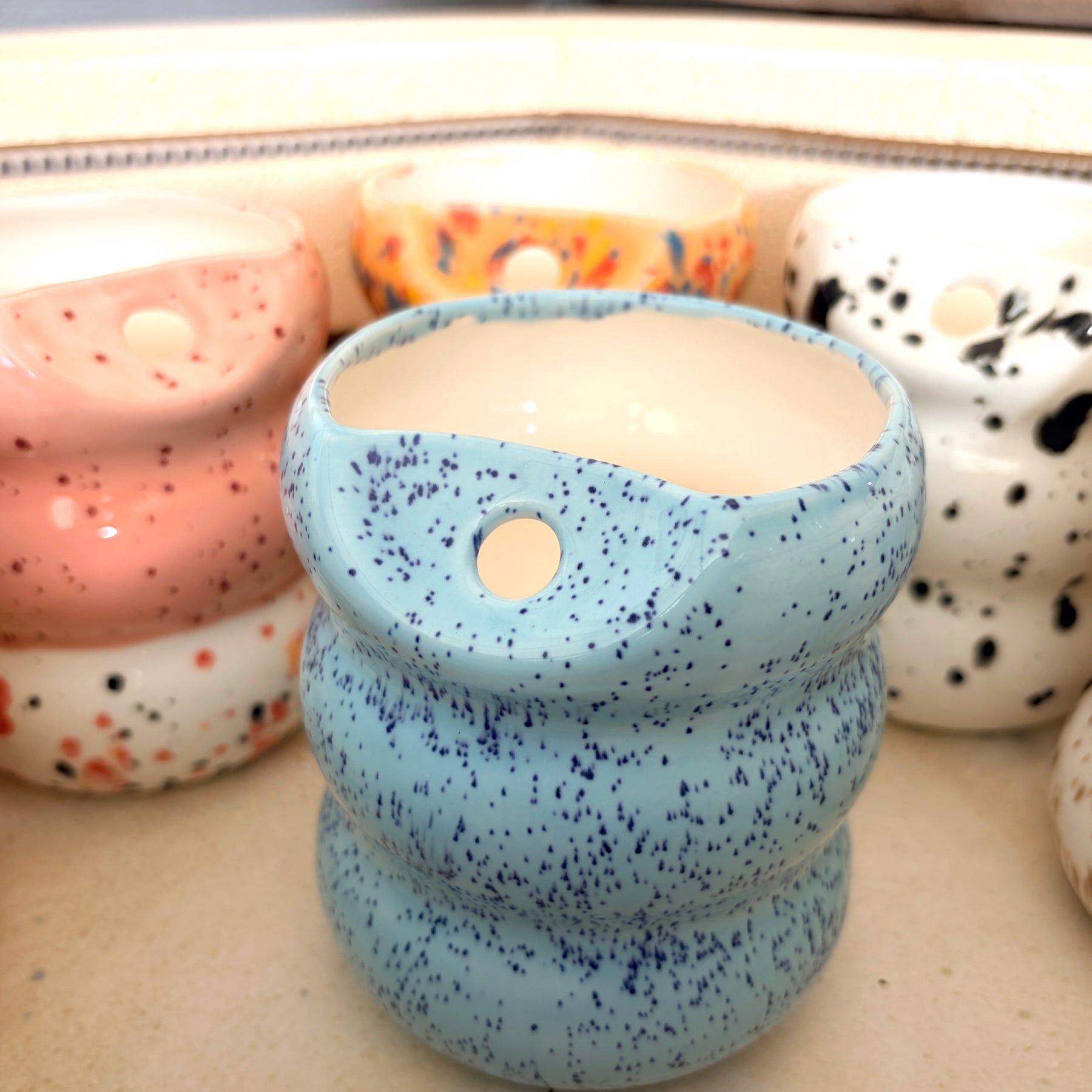 Handcrafted Porcelain Tumbler with Silicon Straw, 600mL Bubble Cup in Blue Mist Glaze