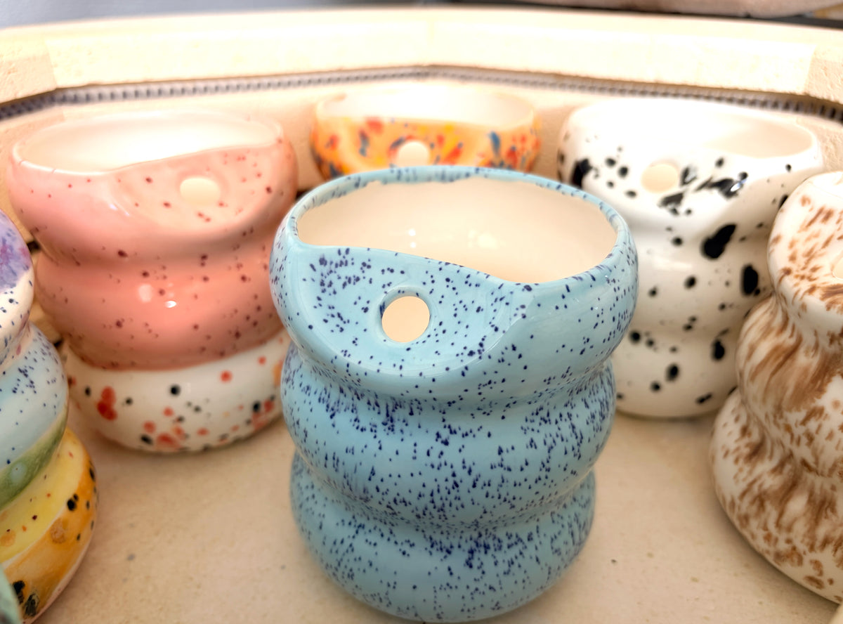 Handcrafted Porcelain Tumbler with Silicon Straw, 600mL Bubble Cup in Blue Mist Glaze