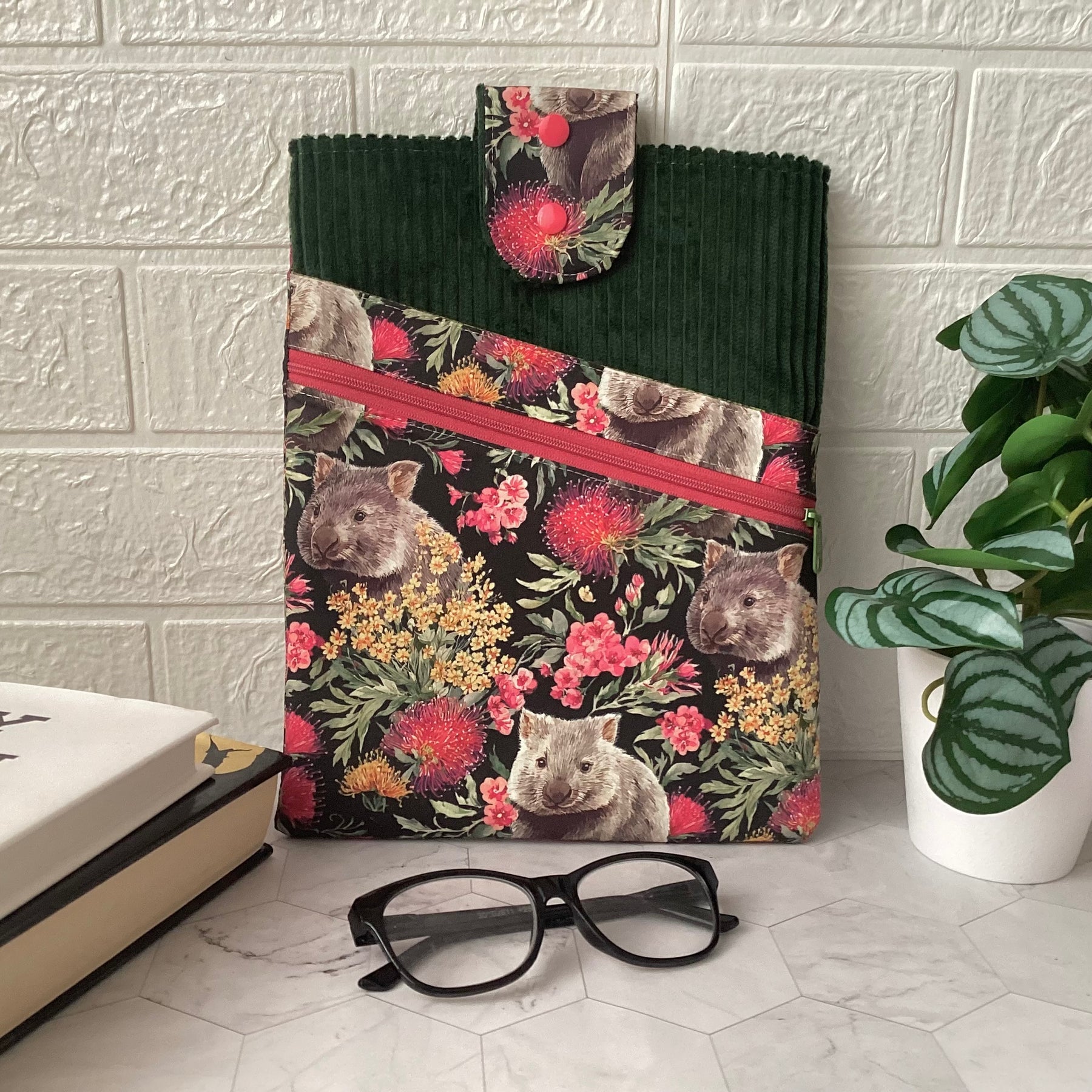 Australian wombats book sleeve with 2 pockets. iPad, tablet pouch