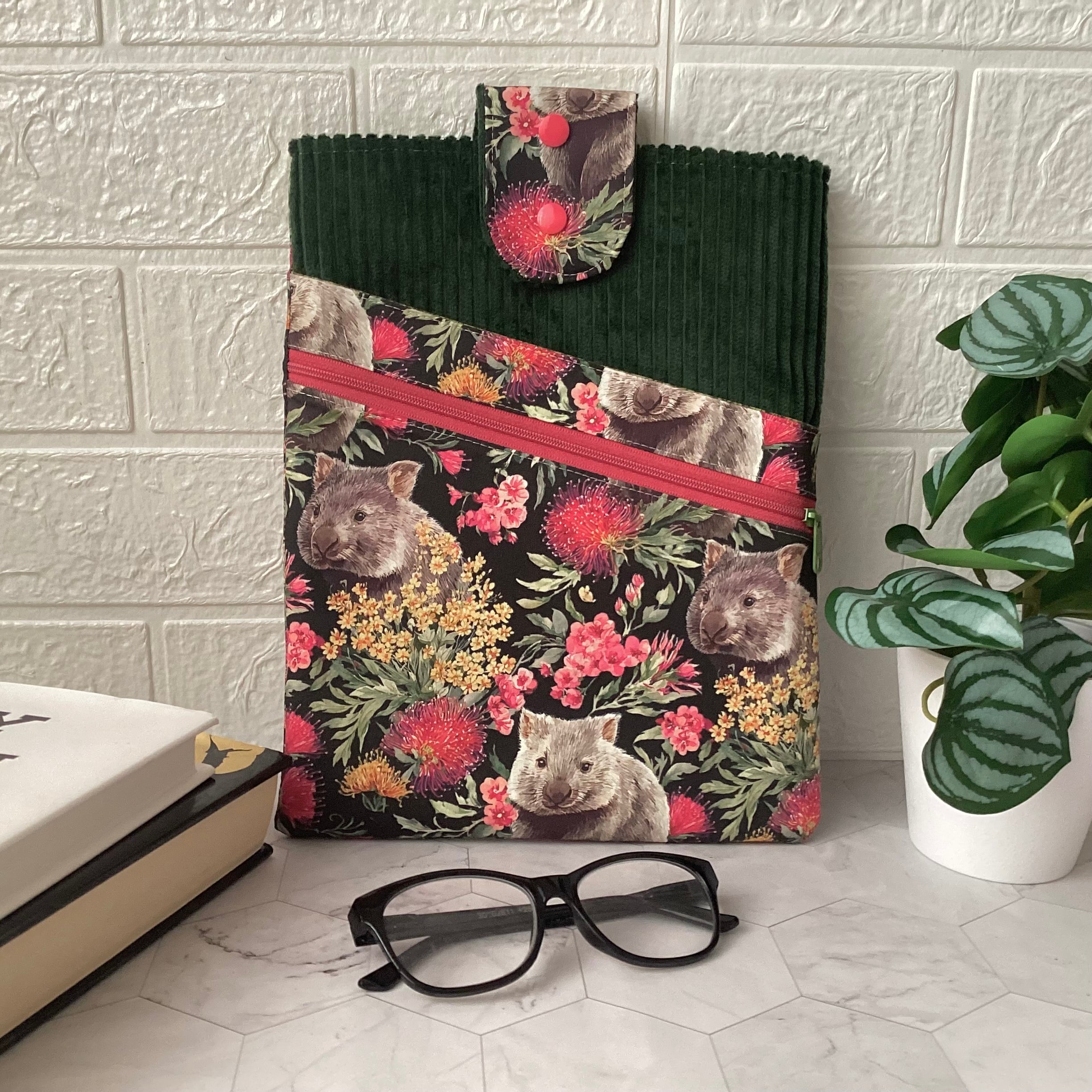 Australian wombats book sleeve with 2 pockets. iPad, tablet pouch