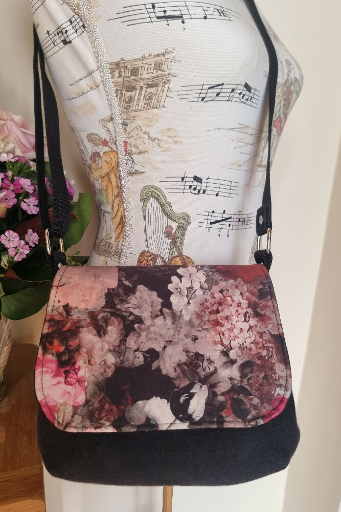 Upcycled mini messenger bag - black & dusty pink flowers