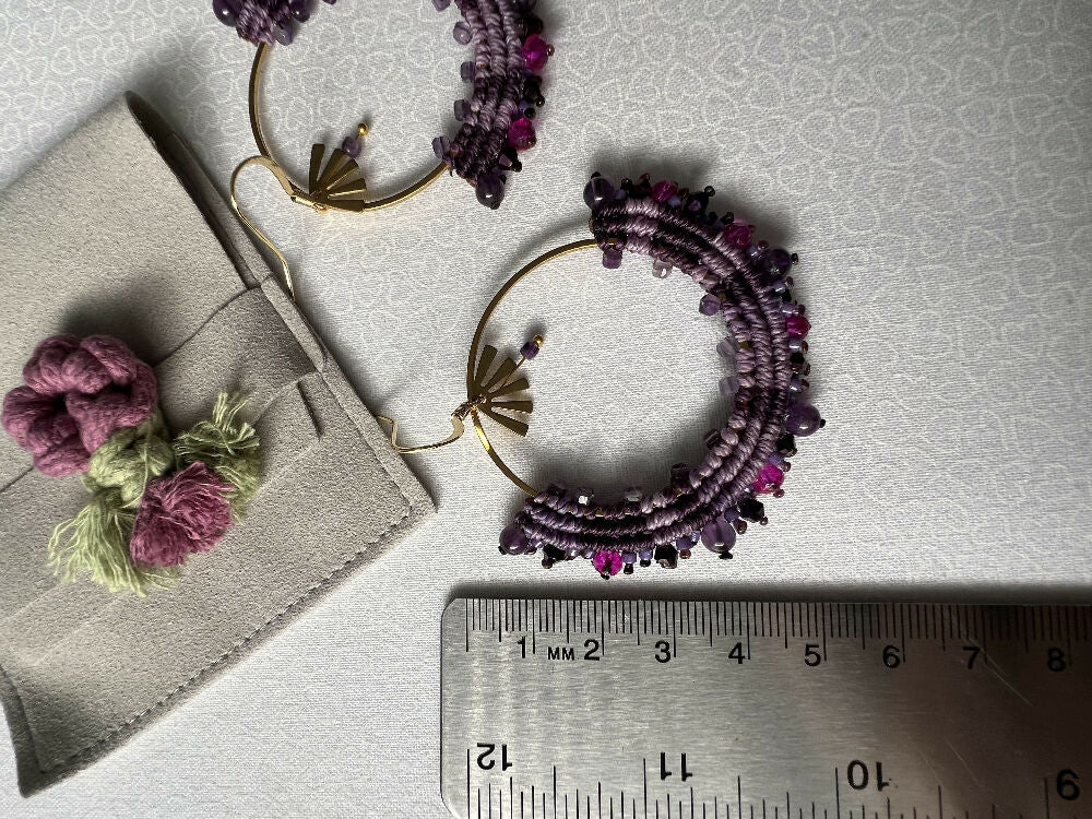 Large Purple Micro Macrame Earrings - Amethyst +Free Microfibre Pouch