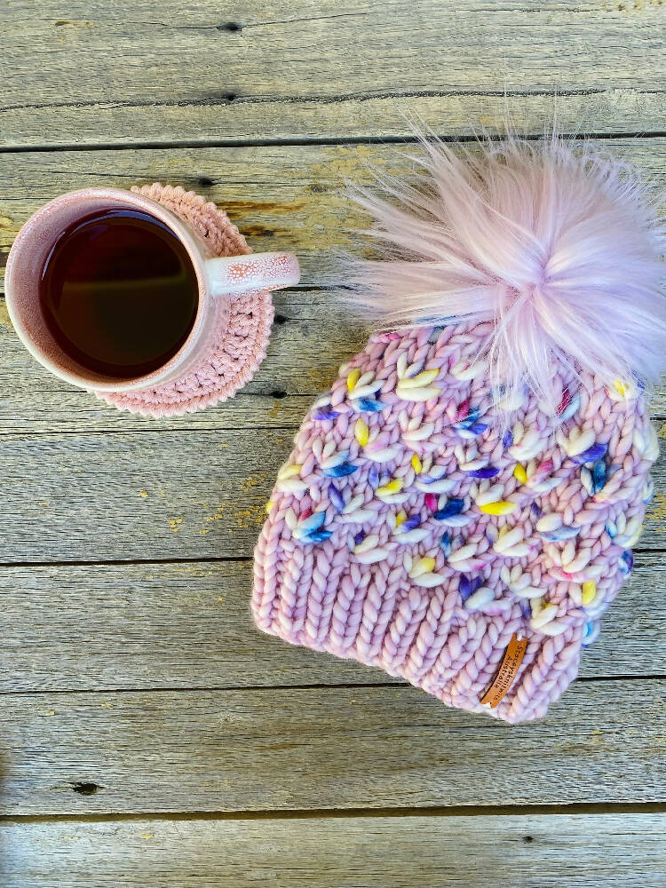 Pink Beanie, Winter Beanie PomPom hand knitted